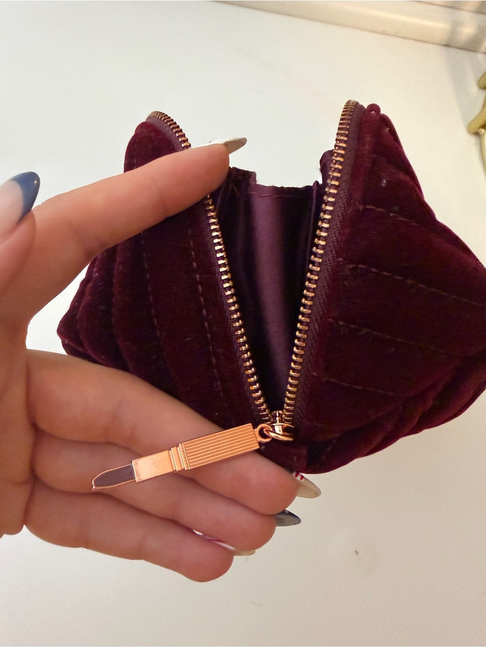 Charlotte Tilbury Deep Burgundy Quilted Velvet Cosmetic Pouch With Gold Logo View 5